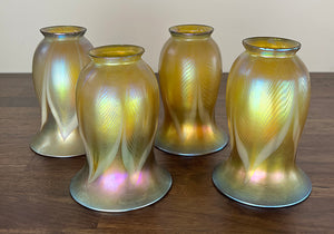 Stunning Early 1900s Edwardian Arts and Crafts Transitional Four Light with Original Signed Steuben Gold Aurene Pulled Feather Shades