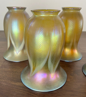Stunning Early 1900s Edwardian Arts and Crafts Transitional Four Light with Original Signed Steuben Gold Aurene Pulled Feather Shades