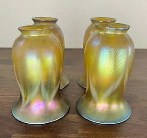 Stunning Early 1900s Edwardian Arts and Crafts Transitional Four Light with Original Signed Steuben Gold Aurene Pulled Feather Shades