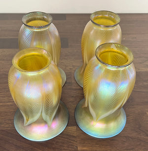 Stunning Early 1900s Edwardian Arts and Crafts Transitional Four Light with Original Signed Steuben Gold Aurene Pulled Feather Shades
