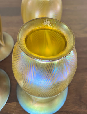 Stunning Early 1900s Edwardian Arts and Crafts Transitional Four Light with Original Signed Steuben Gold Aurene Pulled Feather Shades