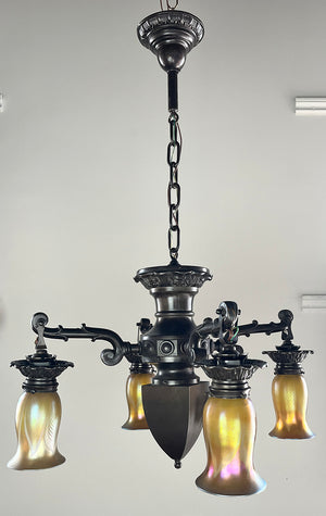 Stunning Early 1900s Edwardian Arts and Crafts Transitional Four Light with Original Signed Steuben Gold Aurene Pulled Feather Shades