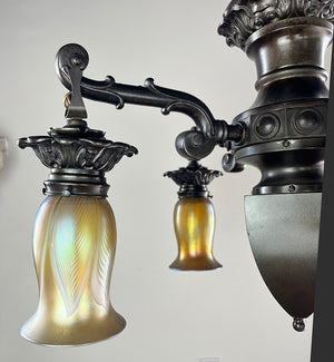 Stunning Early 1900s Edwardian Arts and Crafts Transitional Four Light with Original Signed Steuben Gold Aurene Pulled Feather Shades
