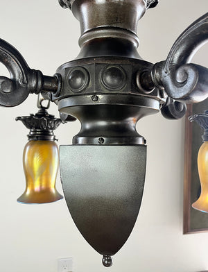 Stunning Early 1900s Edwardian Arts and Crafts Transitional Four Light with Original Signed Steuben Gold Aurene Pulled Feather Shades