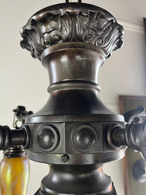 Stunning Early 1900s Edwardian Arts and Crafts Transitional Four Light with Original Signed Steuben Gold Aurene Pulled Feather Shades