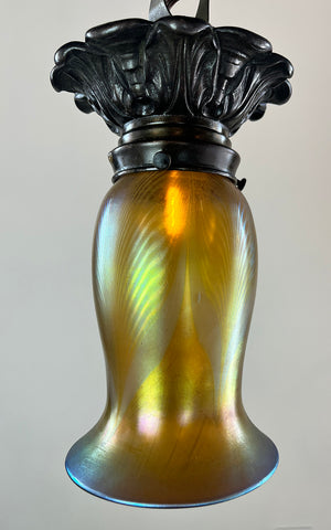 Stunning Early 1900s Edwardian Arts and Crafts Transitional Four Light with Original Signed Steuben Gold Aurene Pulled Feather Shades