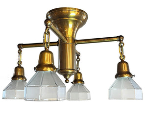 Antique Circa 1905-10 Transitional Edwardian Arts and Crafts Inspired Four Light Flush Mount with Original Antique Octagonal Shades