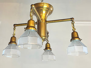 Antique Circa 1905-10 Transitional Edwardian Arts and Crafts Inspired Four Light Flush Mount with Original Antique Octagonal Shades