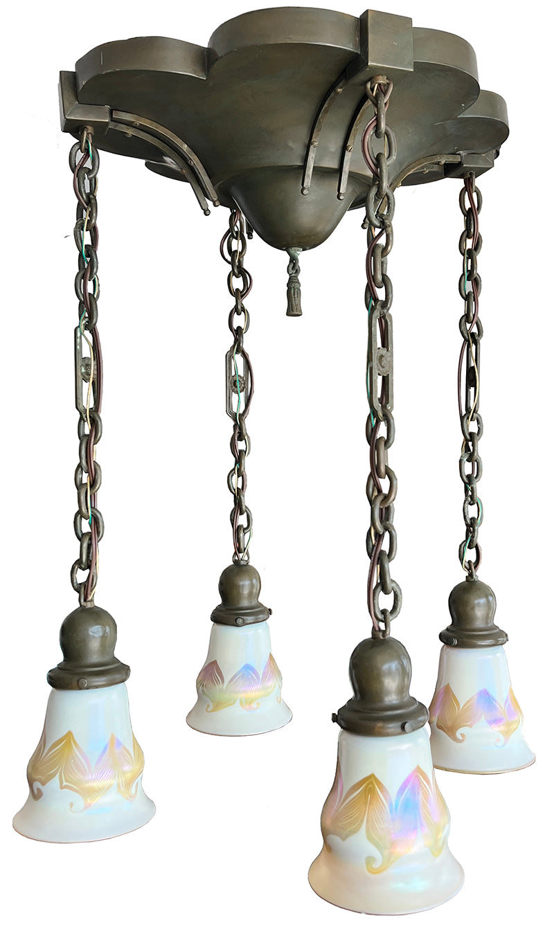 Antique 1910 Transitional Arts and Crafts Art Nouveau Cascade with Signed Lustre Art Pulled Feather Opal and Gold Shades