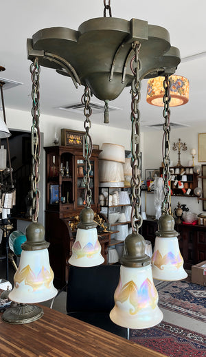 Antique 1910 Transitional Arts and Crafts Art Nouveau Cascade with Signed Lustre Art Pulled Feather Opal and Gold Shades