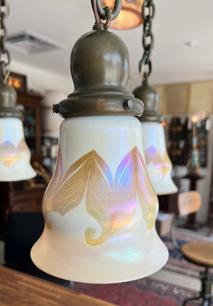 Antique 1910 Transitional Arts and Crafts Art Nouveau Cascade with Signed Lustre Art Pulled Feather Opal and Gold Shades