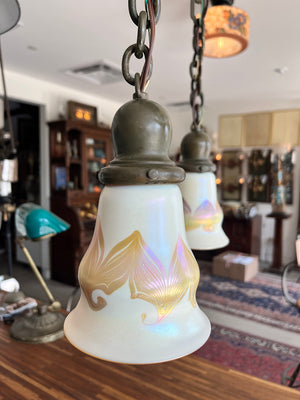 Antique 1910 Transitional Arts and Crafts Art Nouveau Cascade with Signed Lustre Art Pulled Feather Opal and Gold Shades