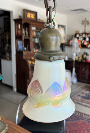 Antique 1910 Transitional Arts and Crafts Art Nouveau Cascade with Signed Lustre Art Pulled Feather Opal and Gold Shades