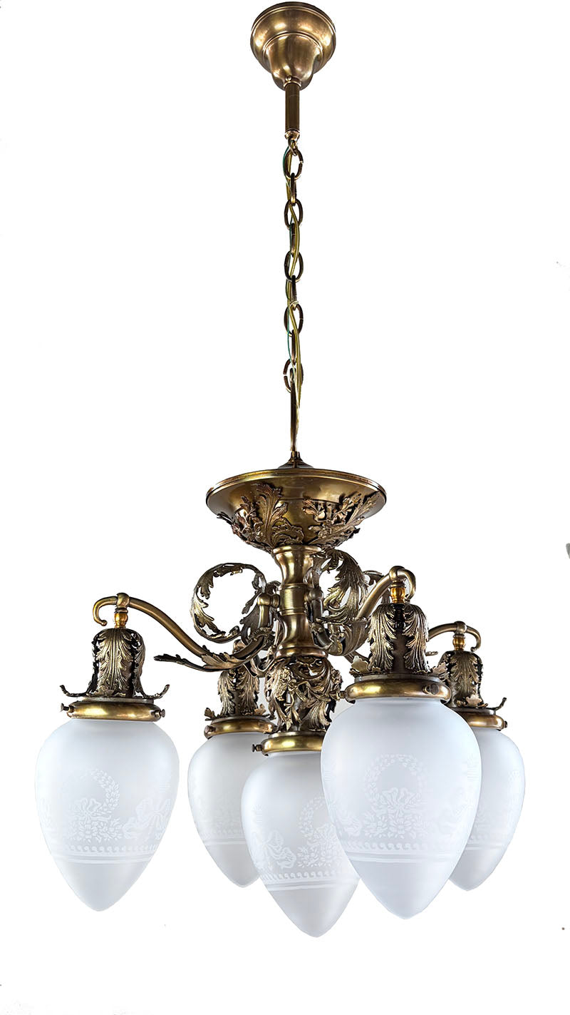 Elegant Antique Circa 1905 Edwardian Five Light Chandelier with Cast Acanthus Filigree
