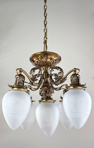 Elegant Antique Circa 1905 Edwardian Five Light Chandelier with Cast Acanthus Filigree