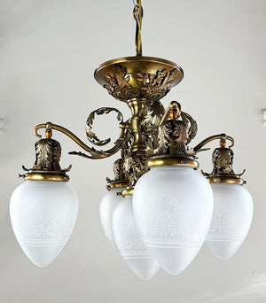 Elegant Antique Circa 1905 Edwardian Five Light Chandelier with Cast Acanthus Filigree