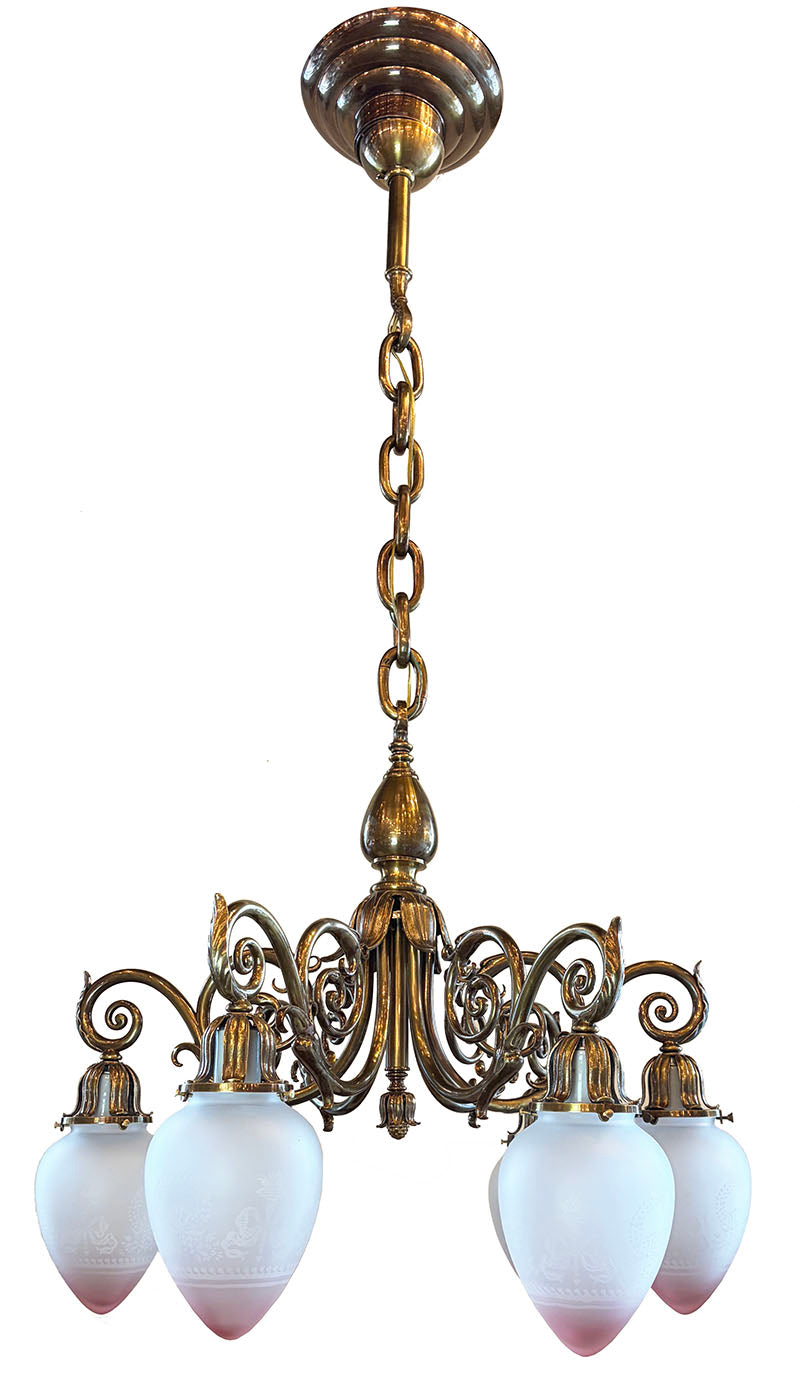 Grand Antique Circa 1900 Beaux Arts Edwardian Cast Brass and Bronze Six Light Scroll Arm Chandelier with Pink Tipped Neo Classical Etched Shades