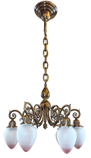 Grand Antique Circa 1900 Beaux Arts Edwardian Cast Brass and Bronze Six Light Scroll Arm Chandelier with Pink Tipped Neo Classical Etched Shades