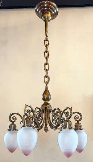 Grand Antique Circa 1900 Beaux Arts Edwardian Cast Brass and Bronze Six Light Scroll Arm Chandelier with Pink Tipped Neo Classical Etched Shades