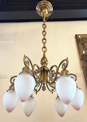Grand Antique Circa 1900 Beaux Arts Edwardian Cast Brass and Bronze Six Light Scroll Arm Chandelier with Pink Tipped Neo Classical Etched Shades