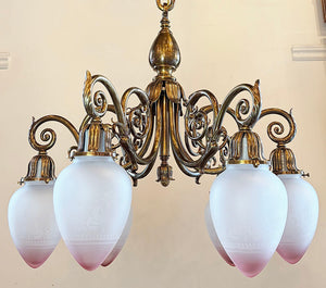 Grand Antique Circa 1900 Beaux Arts Edwardian Cast Brass and Bronze Six Light Scroll Arm Chandelier with Pink Tipped Neo Classical Etched Shades