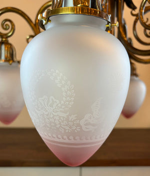 Grand Antique Circa 1900 Beaux Arts Edwardian Cast Brass and Bronze Six Light Scroll Arm Chandelier with Pink Tipped Neo Classical Etched Shades