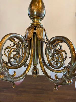 Grand Antique Circa 1900 Beaux Arts Edwardian Cast Brass and Bronze Six Light Scroll Arm Chandelier with Pink Tipped Neo Classical Etched Shades
