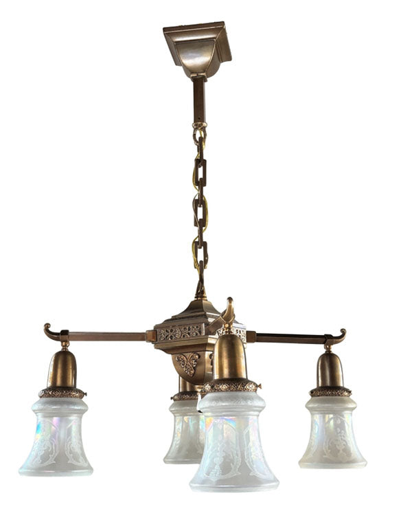 Antique Circa 1905 Transitional Edwardian Arts and Crafts Four Light Fixture with Original Antique Acid Etched Shades
