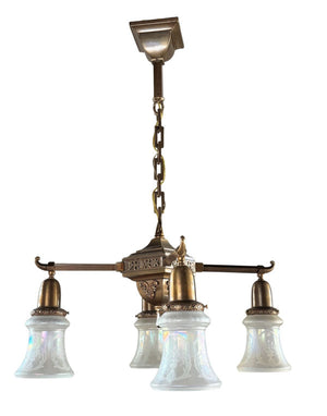 Antique Circa 1905 Transitional Edwardian Arts and Crafts Four Light Fixture with Original Antique Acid Etched Shades