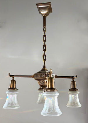 Antique Circa 1905 Transitional Edwardian Arts and Crafts Four Light Fixture with Original Antique Acid Etched Shades