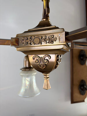 Antique Circa 1905 Transitional Edwardian Arts and Crafts Four Light Fixture with Original Antique Acid Etched Shades