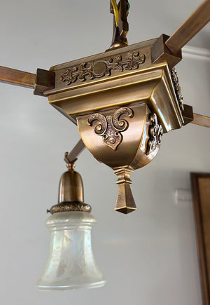 Antique Circa 1905 Transitional Edwardian Arts and Crafts Four Light Fixture with Original Antique Acid Etched Shades