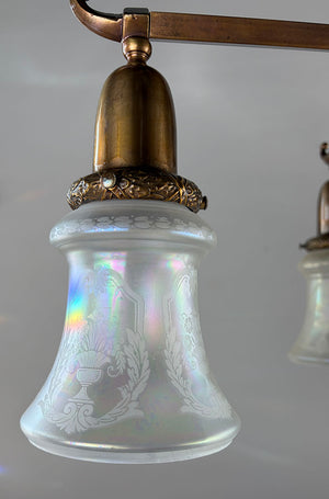 Antique Circa 1905 Transitional Edwardian Arts and Crafts Four Light Fixture with Original Antique Acid Etched Shades