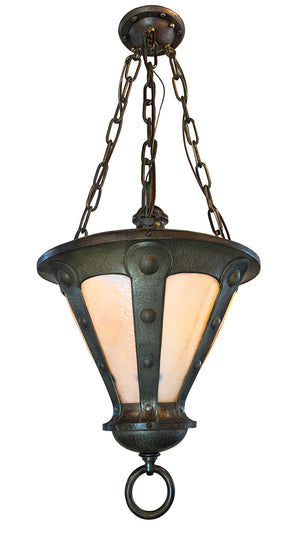 Antique Circa 1905 Hammered Brass Arts and Crafts Lantern with Original Curved Butterscotch Glass Panels