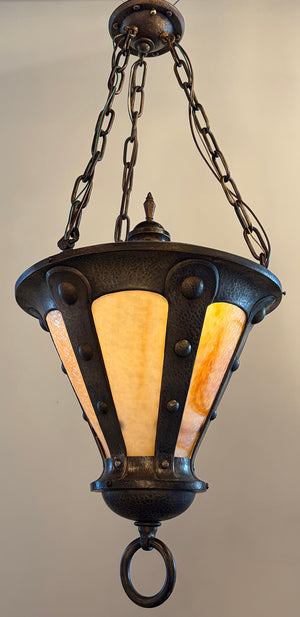 Antique Circa 1905 Hammered Brass Arts and Crafts Lantern with Original Curved Butterscotch Glass Panels