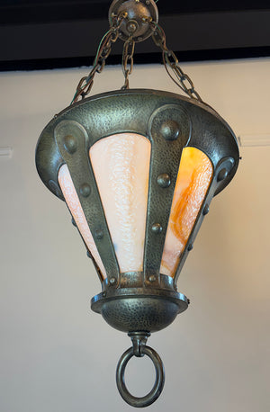 Antique Circa 1905 Hammered Brass Arts and Crafts Lantern with Original Curved Butterscotch Glass Panels