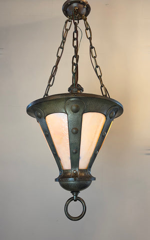 Antique Circa 1905 Hammered Brass Arts and Crafts Lantern with Original Curved Butterscotch Glass Panels