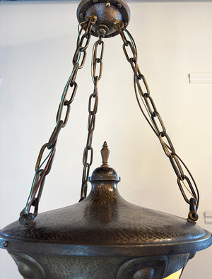 Antique Circa 1905 Hammered Brass Arts and Crafts Lantern with Original Curved Butterscotch Glass Panels