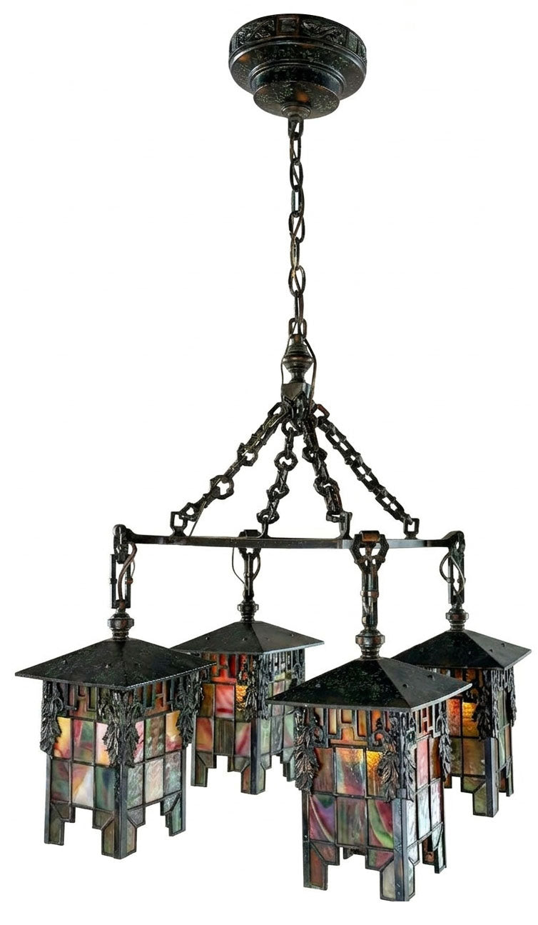 Antique Circa 1905-1910 Arts and Crafts Four Light Chain Suspended Chandelier with Leaded Glass Lantern Shades and Original Japanned Copper Verdegris Finish