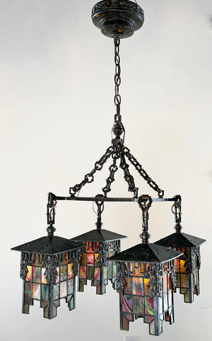 Antique Circa 1905-1910 Arts and Crafts Four Light Chain Suspended Chandelier with Leaded Glass Lantern Shades and Original Japanned Copper Verdegris Finish
