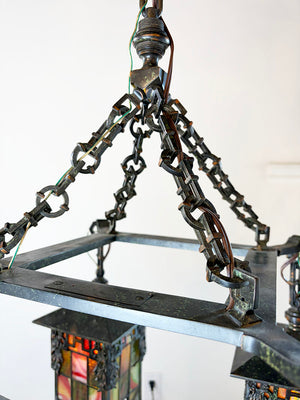 Antique Circa 1905-1910 Arts and Crafts Four Light Chain Suspended Chandelier with Leaded Glass Lantern Shades and Original Japanned Copper Verdegris Finish