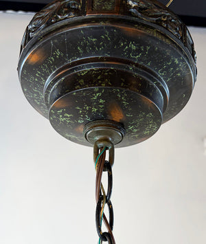 Antique Circa 1905-1910 Arts and Crafts Four Light Chain Suspended Chandelier with Leaded Glass Lantern Shades and Original Japanned Copper Verdegris Finish
