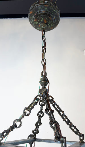 Antique Circa 1905-1910 Arts and Crafts Four Light Chain Suspended Chandelier with Leaded Glass Lantern Shades and Original Japanned Copper Verdegris Finish
