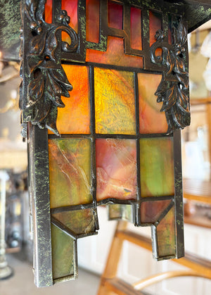 Antique Circa 1905-1910 Arts and Crafts Four Light Chain Suspended Chandelier with Leaded Glass Lantern Shades and Original Japanned Copper Verdegris Finish
