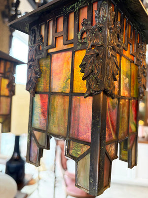 Antique Circa 1905-1910 Arts and Crafts Four Light Chain Suspended Chandelier with Leaded Glass Lantern Shades and Original Japanned Copper Verdegris Finish