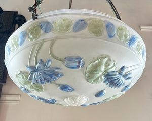 Antique Circa 1910 Art Nouveau Reverse Painted Floral Patterned Dome with Verdegrid Holder