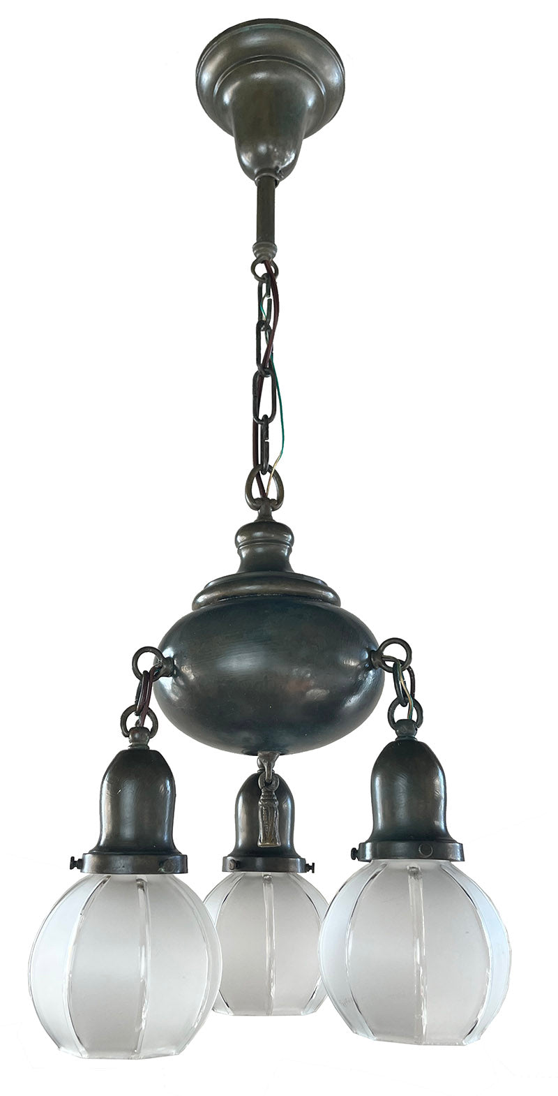 Antique Circa 1905 Transitional Arts and Crafts Edwardian Three Light with Original Hexagonal Shades