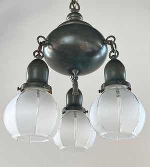 Antique Circa 1905 Transitional Arts and Crafts Edwardian Three Light with Original Hexagonal Shades