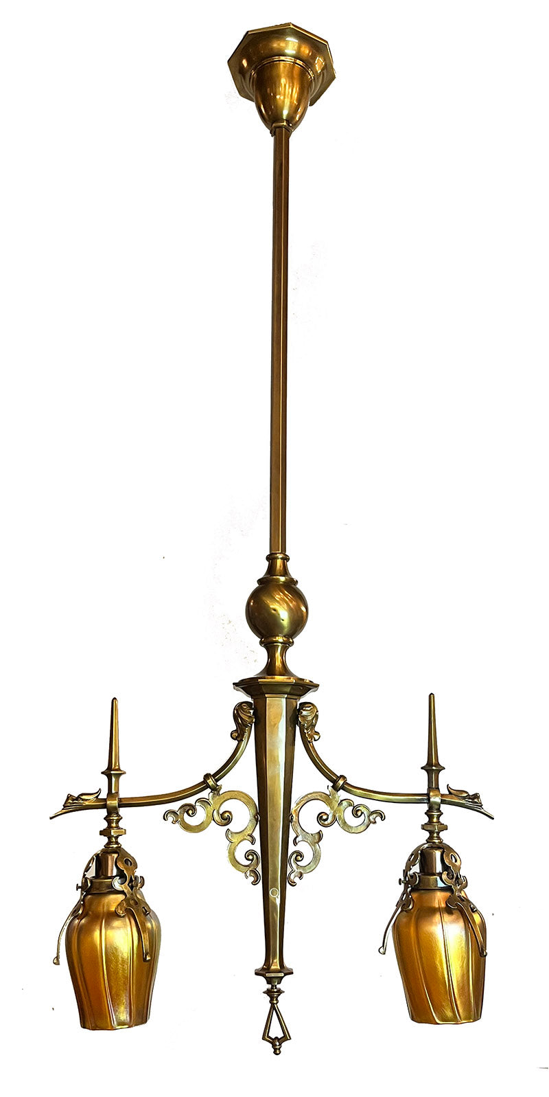 Antique Circa 1905 Early Electric Cast Brass Two Light Dragon Head Fixture with Signed Quezal Shades