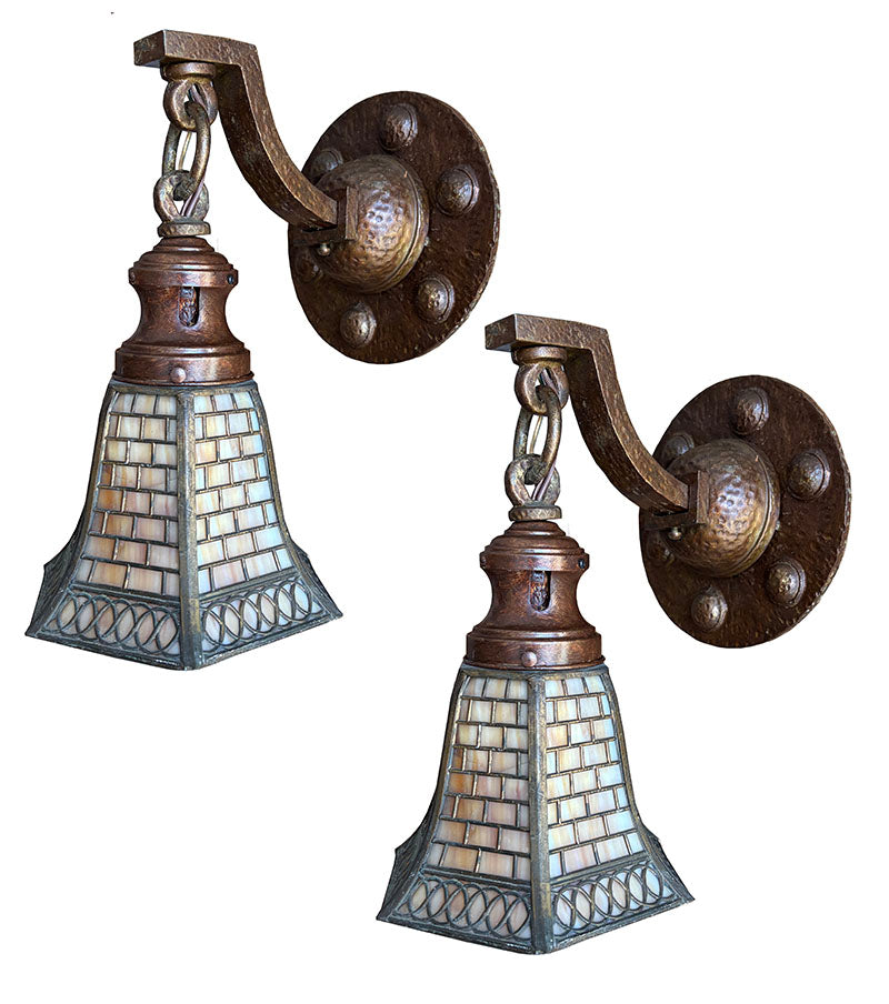 $1500 PAIR -Stunning Pair of Circa 1905-10 Arts and Crafts Hammered Scroll Arm Sconces with Signed Handel Brick Pattern Shades